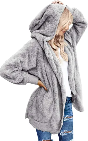 LookbookStore Womens Cardigan 2024 Winter Oversized Open Front Fleece Hooded Draped Pockets Jacket Coats