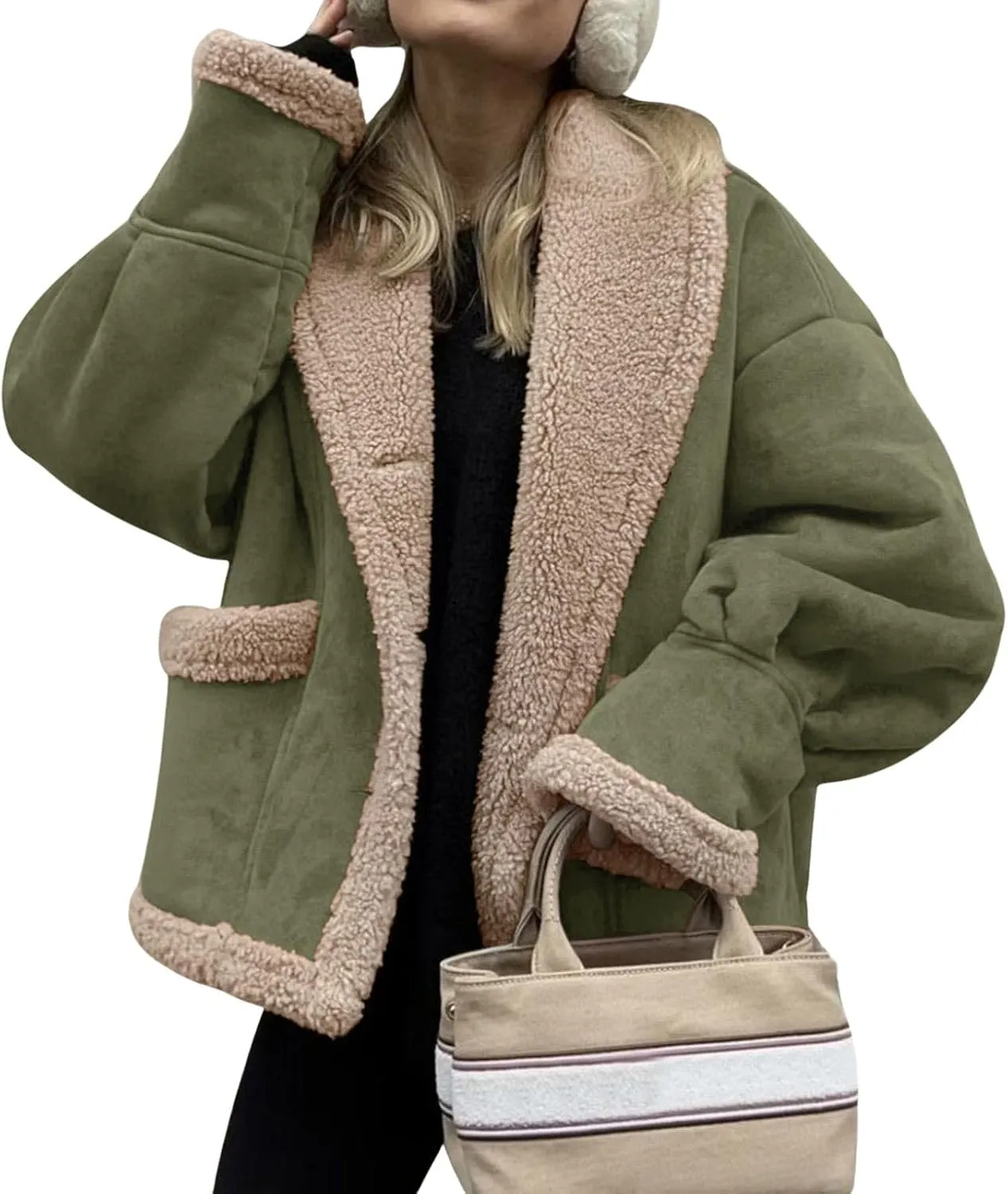 loveimgs Women Oversized Sherpa Lined Leather Jacket Faux Suede Fleece Shearling Coat Winter Biker Aviator Jacket Overcoat