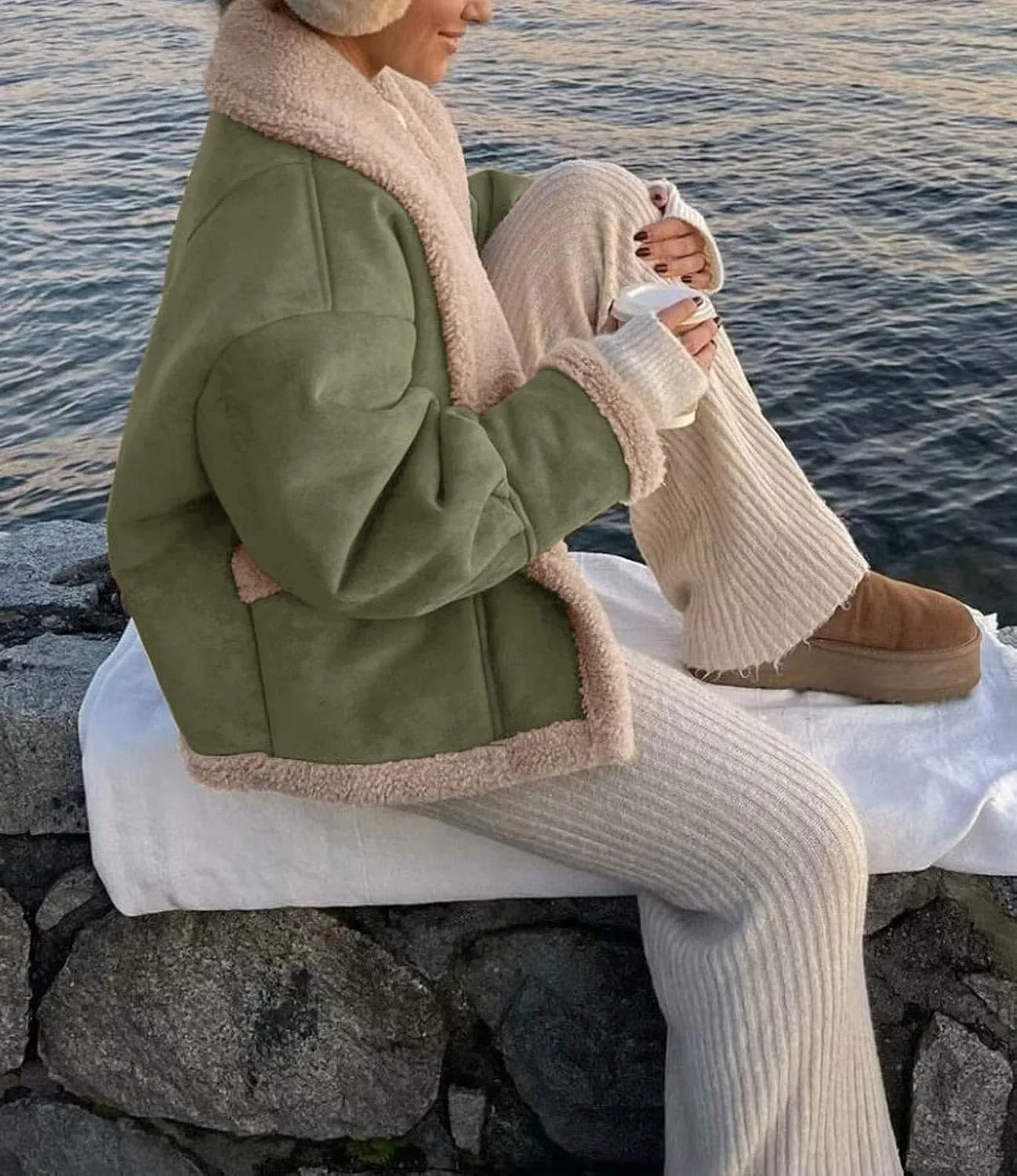 loveimgs Women Oversized Sherpa Lined Leather Jacket Faux Suede Fleece Shearling Coat Winter Biker Aviator Jacket Overcoat