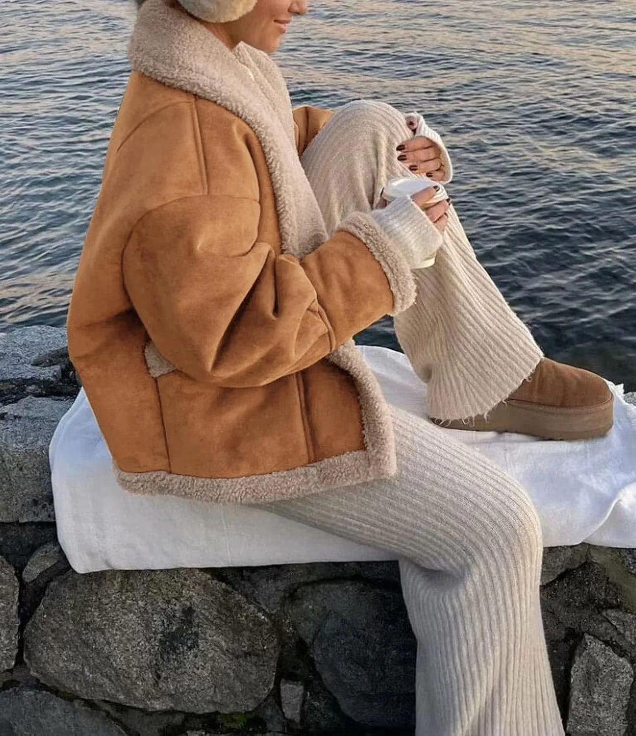 loveimgs Women Oversized Sherpa Lined Leather Jacket Faux Suede Fleece Shearling Coat Winter Biker Aviator Jacket Overcoat