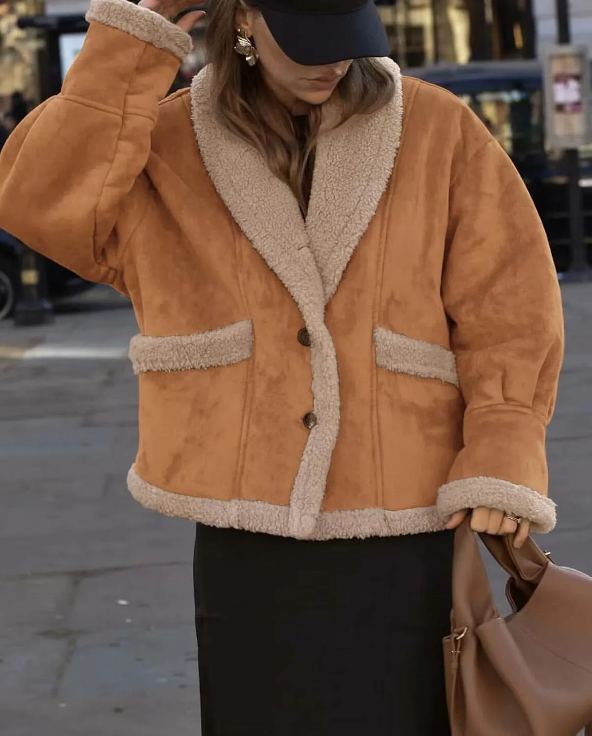 loveimgs Women Oversized Sherpa Lined Leather Jacket Faux Suede Fleece Shearling Coat Winter Biker Aviator Jacket Overcoat