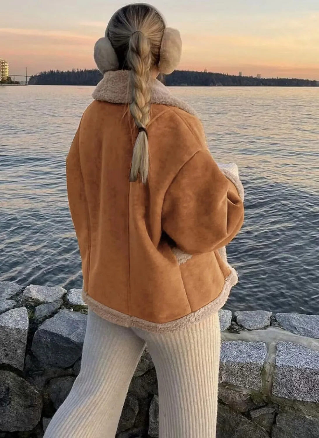 loveimgs Women Oversized Sherpa Lined Leather Jacket Faux Suede Fleece Shearling Coat Winter Biker Aviator Jacket Overcoat