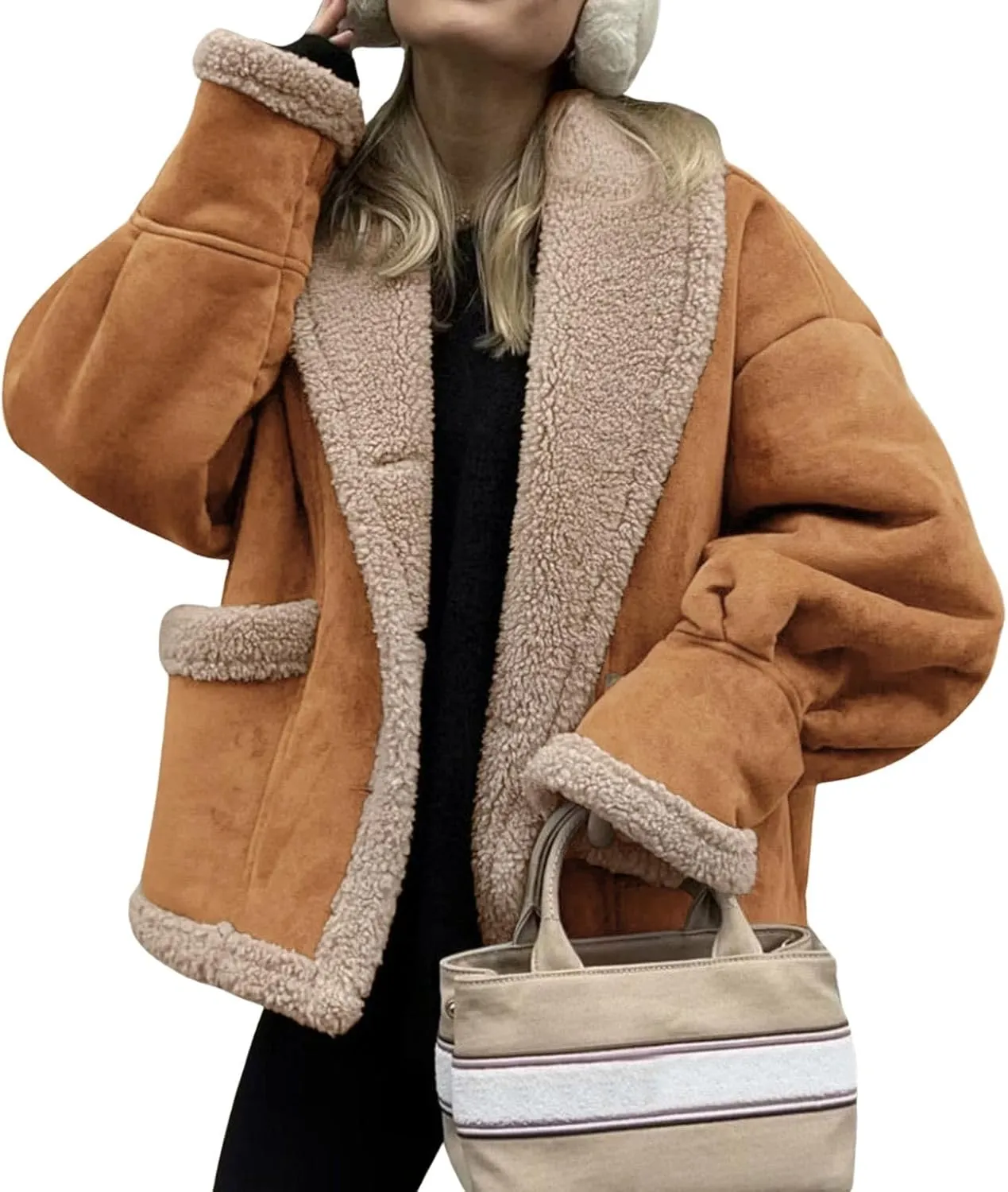 loveimgs Women Oversized Sherpa Lined Leather Jacket Faux Suede Fleece Shearling Coat Winter Biker Aviator Jacket Overcoat