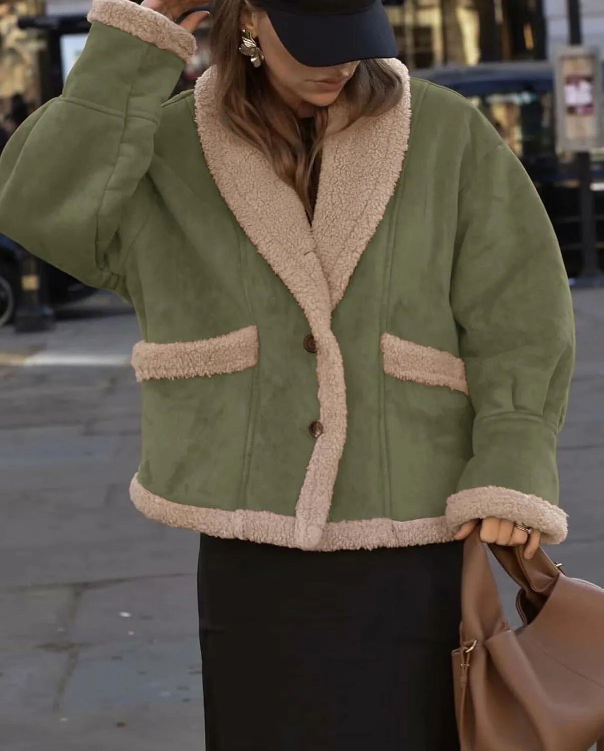 loveimgs Women Oversized Sherpa Lined Leather Jacket Faux Suede Fleece Shearling Coat Winter Biker Aviator Jacket Overcoat
