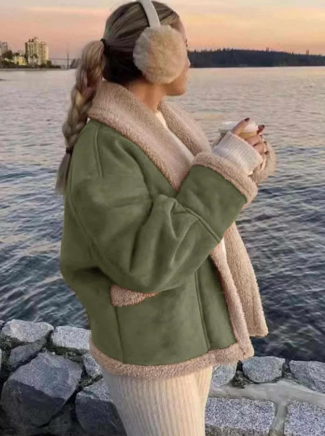 loveimgs Women Oversized Sherpa Lined Leather Jacket Faux Suede Fleece Shearling Coat Winter Biker Aviator Jacket Overcoat