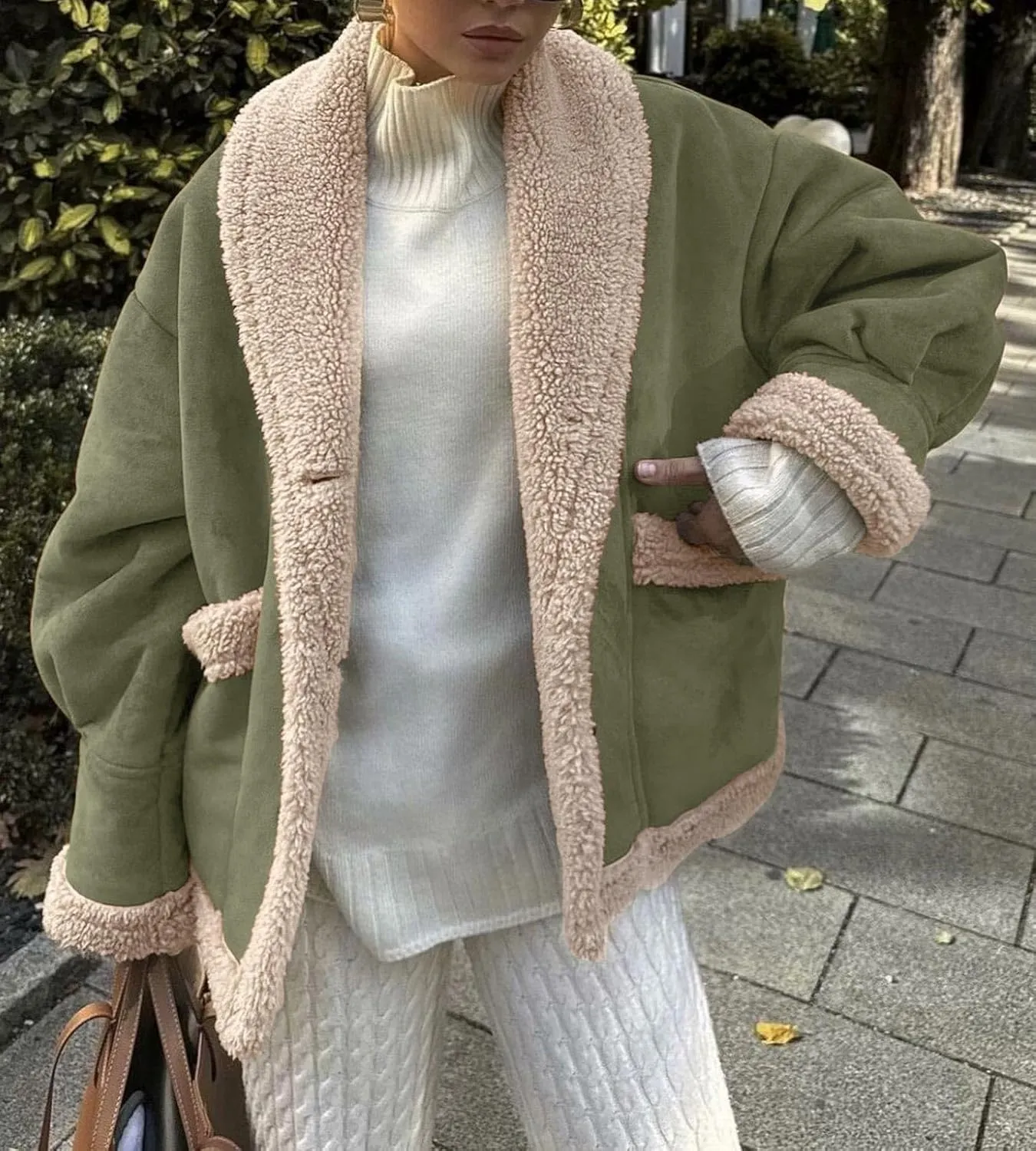 loveimgs Women Oversized Sherpa Lined Leather Jacket Faux Suede Fleece Shearling Coat Winter Biker Aviator Jacket Overcoat
