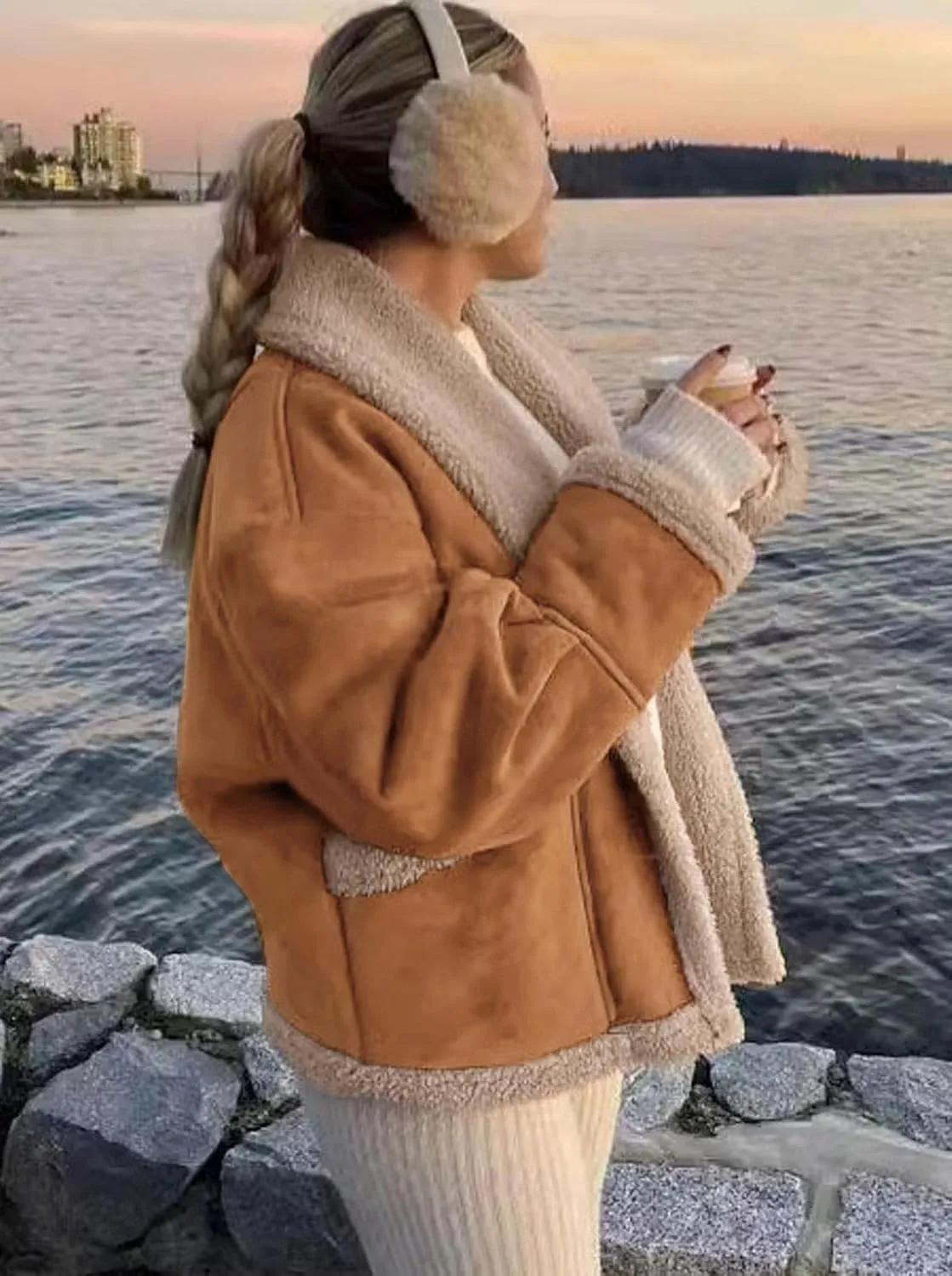 loveimgs Women Oversized Sherpa Lined Leather Jacket Faux Suede Fleece Shearling Coat Winter Biker Aviator Jacket Overcoat