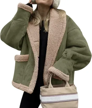 loveimgs Women Oversized Sherpa Lined Leather Jacket Faux Suede Fleece Shearling Coat Winter Biker Aviator Jacket Overcoat