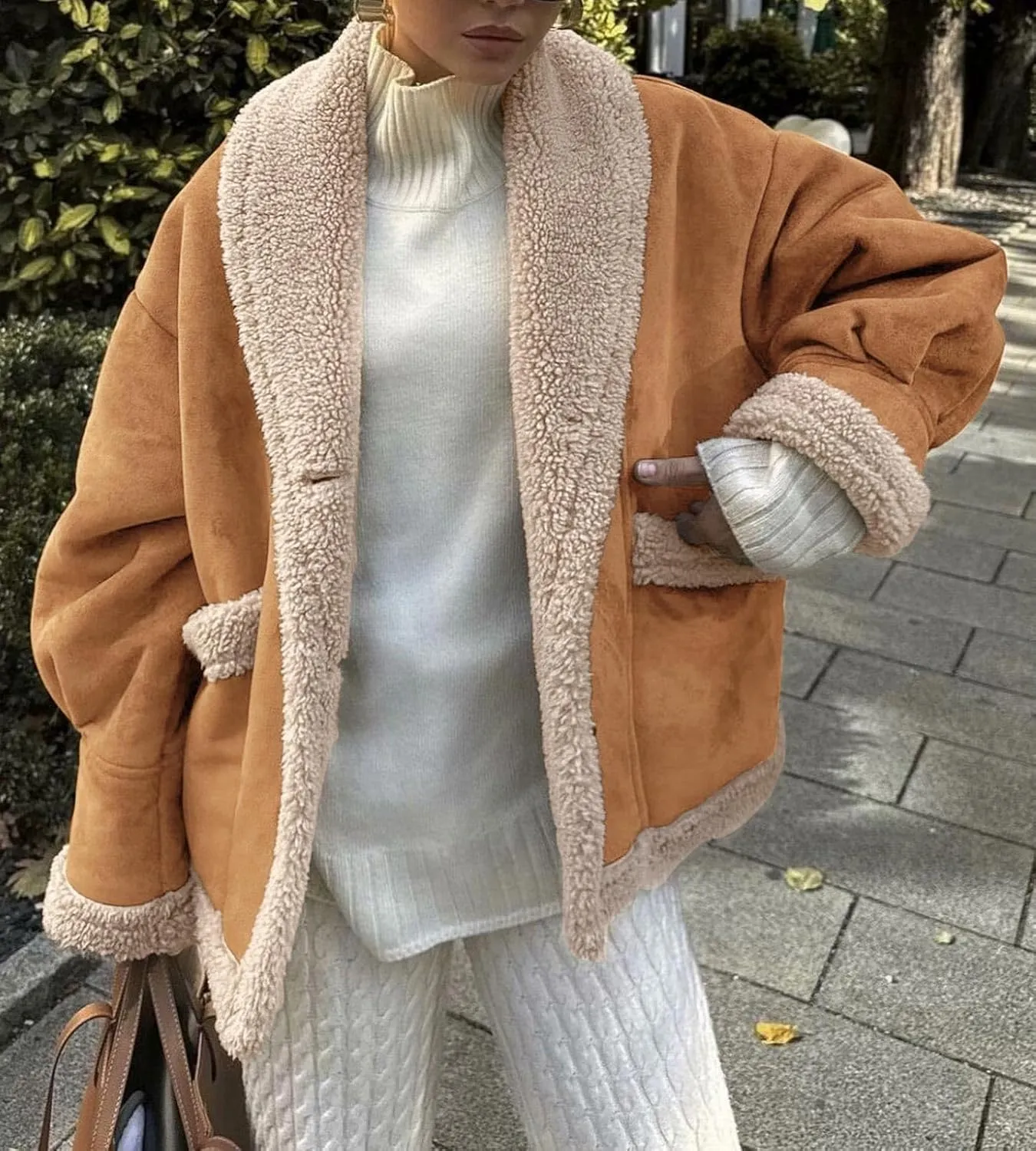 loveimgs Women Oversized Sherpa Lined Leather Jacket Faux Suede Fleece Shearling Coat Winter Biker Aviator Jacket Overcoat