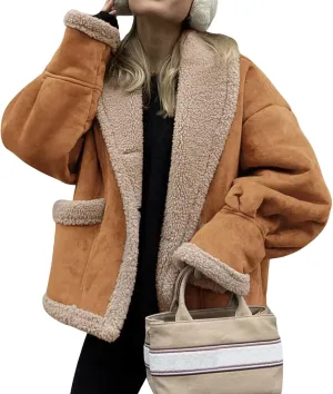 loveimgs Women Oversized Sherpa Lined Leather Jacket Faux Suede Fleece Shearling Coat Winter Biker Aviator Jacket Overcoat