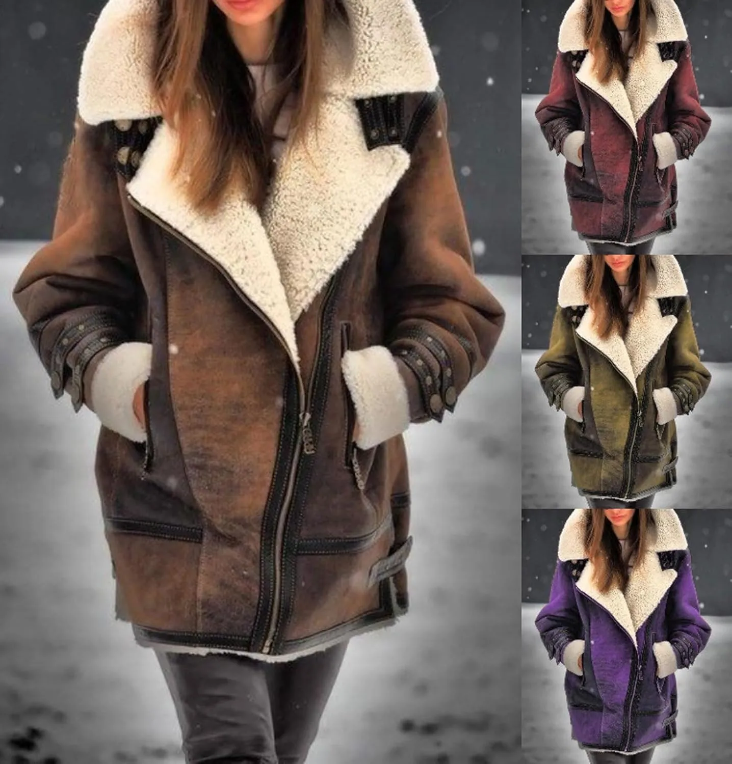 loveimgs Women Winter Long Suede Jacket Sherpa Fleece Oversized Faux Leather Jacket Moto Zip Warm Shearling Coat