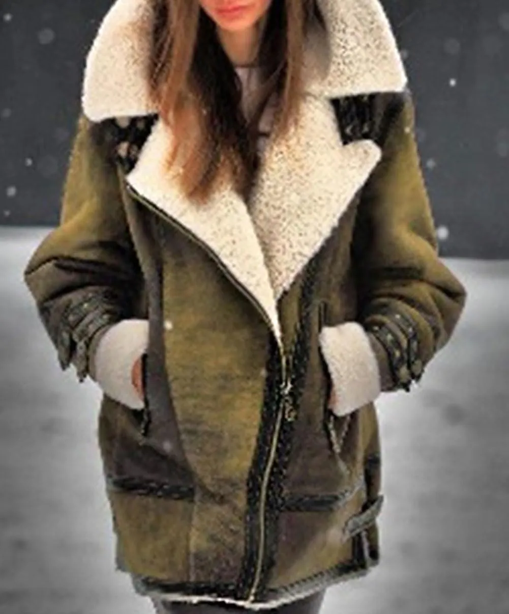 loveimgs Women Winter Long Suede Jacket Sherpa Fleece Oversized Faux Leather Jacket Moto Zip Warm Shearling Coat
