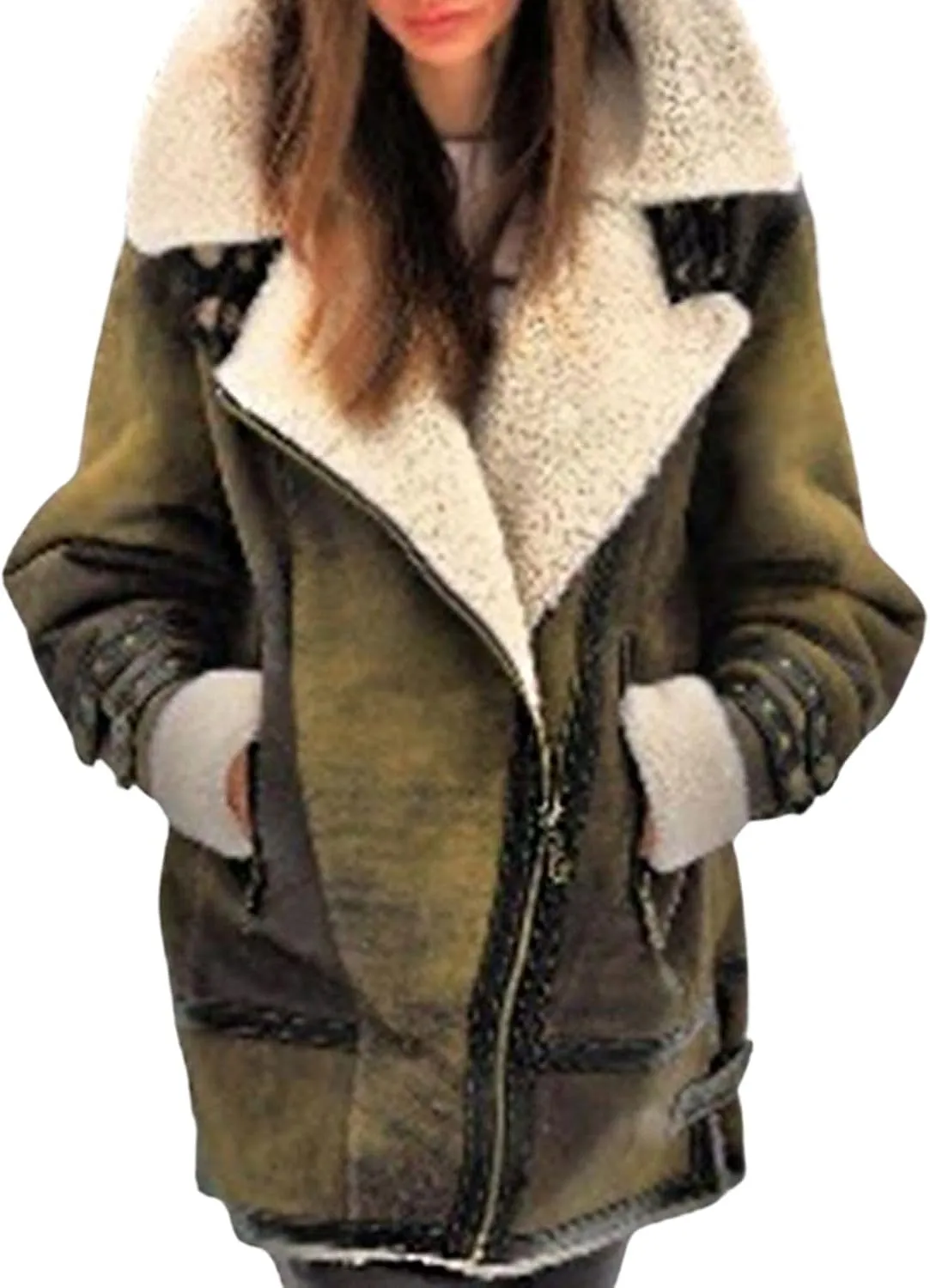 loveimgs Women Winter Long Suede Jacket Sherpa Fleece Oversized Faux Leather Jacket Moto Zip Warm Shearling Coat