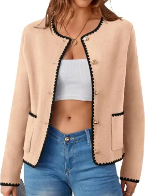 MASCOMODA Open Front Cropped Cardigan Sweaters for Women Fall Dressy Casual Long Sleeve Button Down Knit Tweed Jacket Outwear