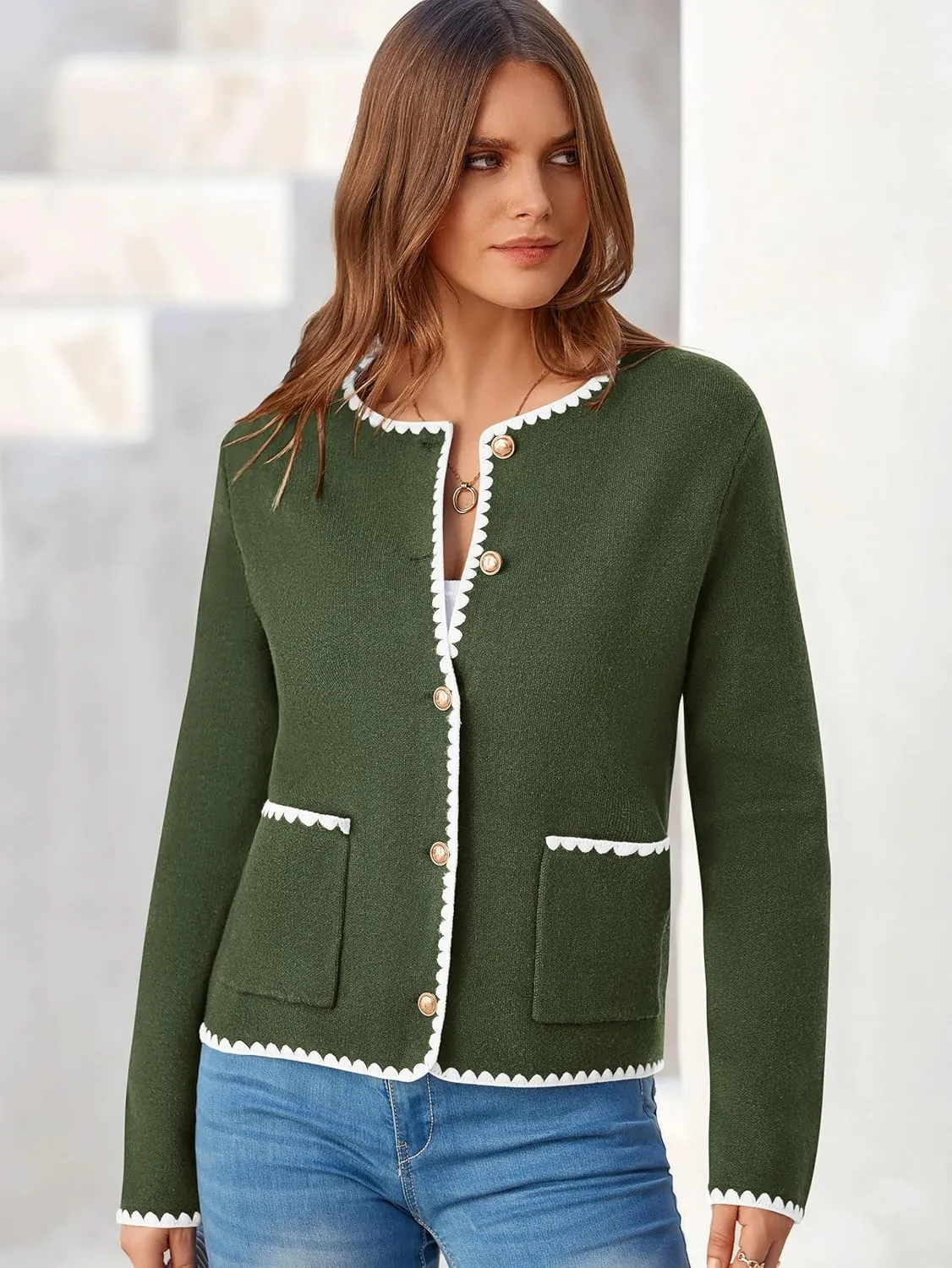MASCOMODA Open Front Cropped Cardigan Sweaters for Women Fall Dressy Casual Long Sleeve Button Down Knit Tweed Jacket Outwear