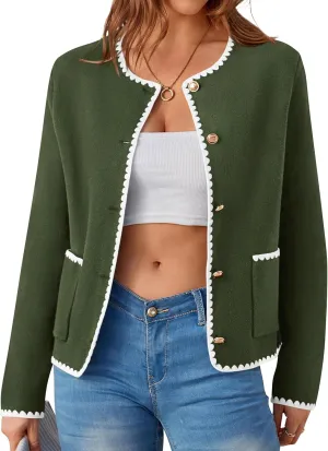 MASCOMODA Open Front Cropped Cardigan Sweaters for Women Fall Dressy Casual Long Sleeve Button Down Knit Tweed Jacket Outwear