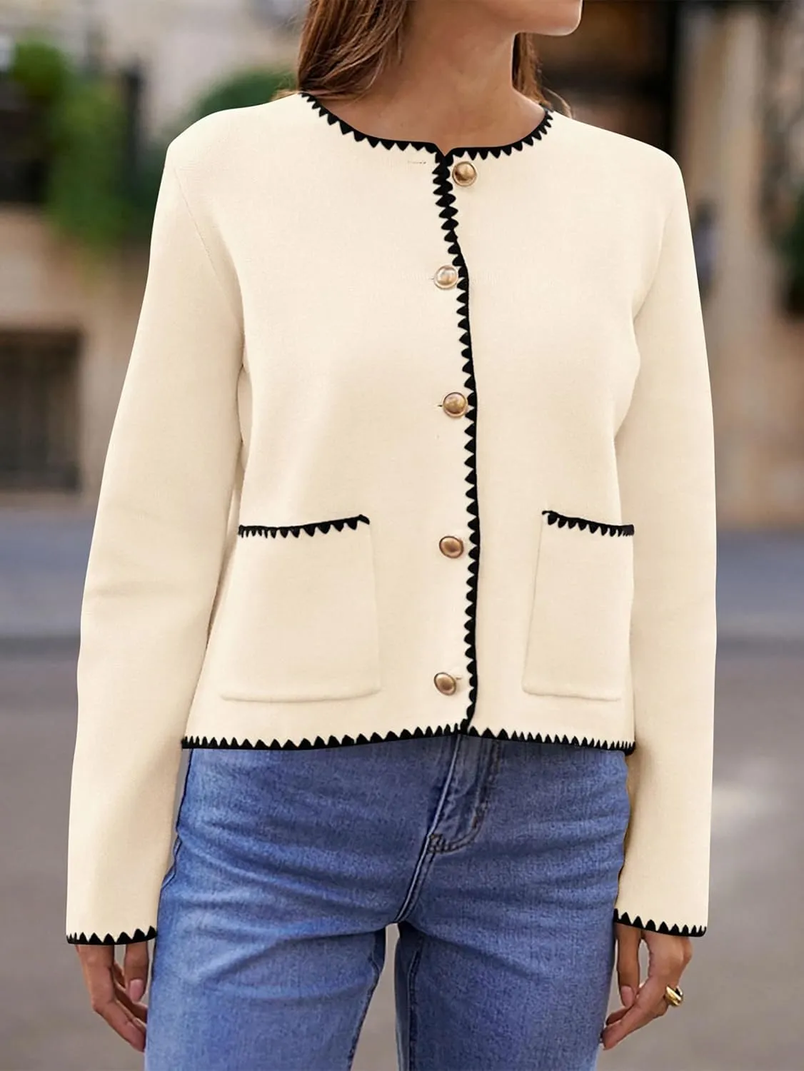 MASCOMODA Open Front Cropped Cardigan Sweaters for Women Fall Dressy Casual Long Sleeve Button Down Knit Tweed Jacket Outwear