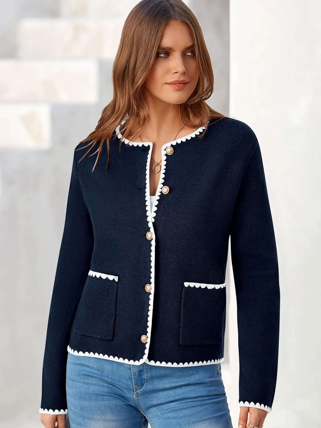 MASCOMODA Open Front Cropped Cardigan Sweaters for Women Fall Dressy Casual Long Sleeve Button Down Knit Tweed Jacket Outwear