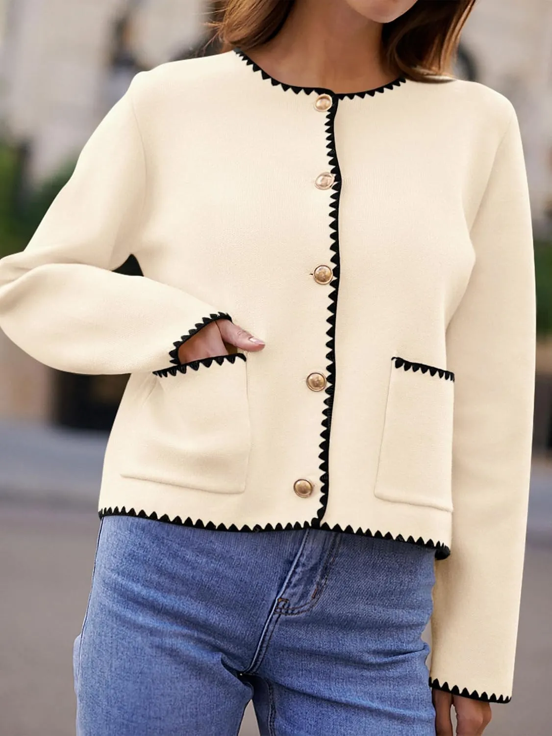 MASCOMODA Open Front Cropped Cardigan Sweaters for Women Fall Dressy Casual Long Sleeve Button Down Knit Tweed Jacket Outwear