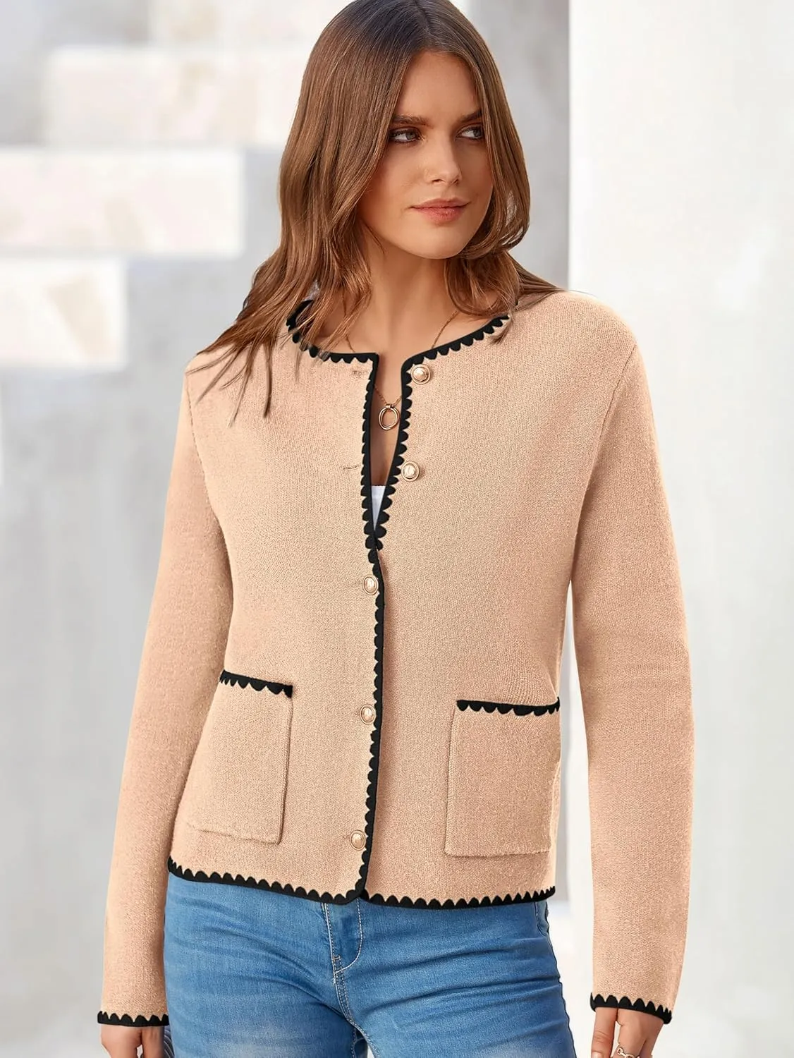 MASCOMODA Open Front Cropped Cardigan Sweaters for Women Fall Dressy Casual Long Sleeve Button Down Knit Tweed Jacket Outwear