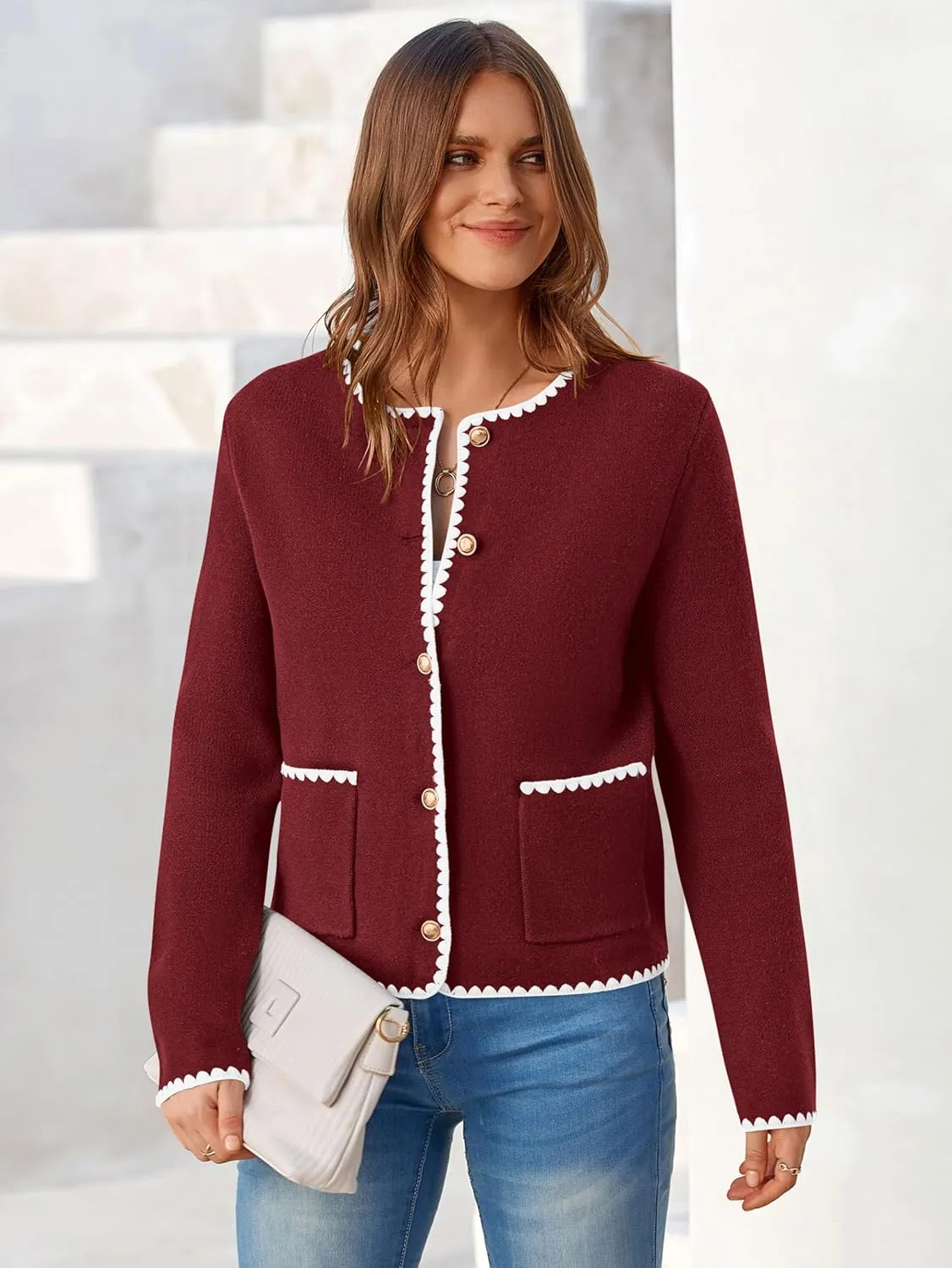 MASCOMODA Open Front Cropped Cardigan Sweaters for Women Fall Dressy Casual Long Sleeve Button Down Knit Tweed Jacket Outwear