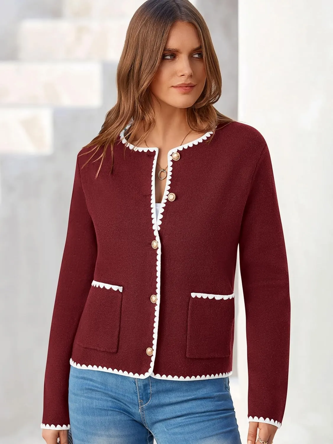 MASCOMODA Open Front Cropped Cardigan Sweaters for Women Fall Dressy Casual Long Sleeve Button Down Knit Tweed Jacket Outwear