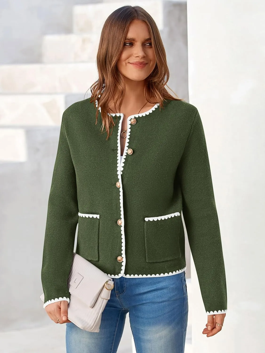 MASCOMODA Open Front Cropped Cardigan Sweaters for Women Fall Dressy Casual Long Sleeve Button Down Knit Tweed Jacket Outwear