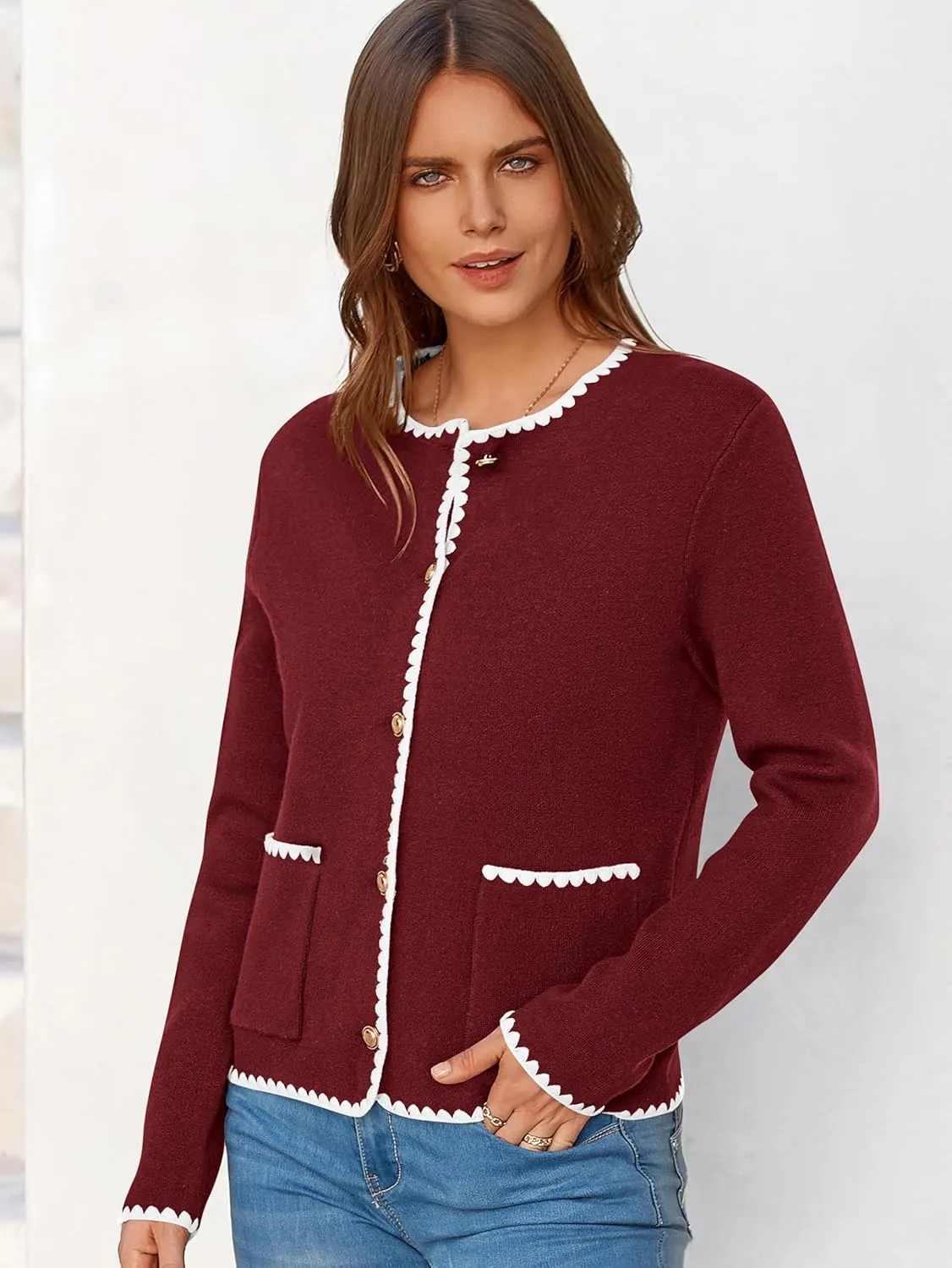 MASCOMODA Open Front Cropped Cardigan Sweaters for Women Fall Dressy Casual Long Sleeve Button Down Knit Tweed Jacket Outwear