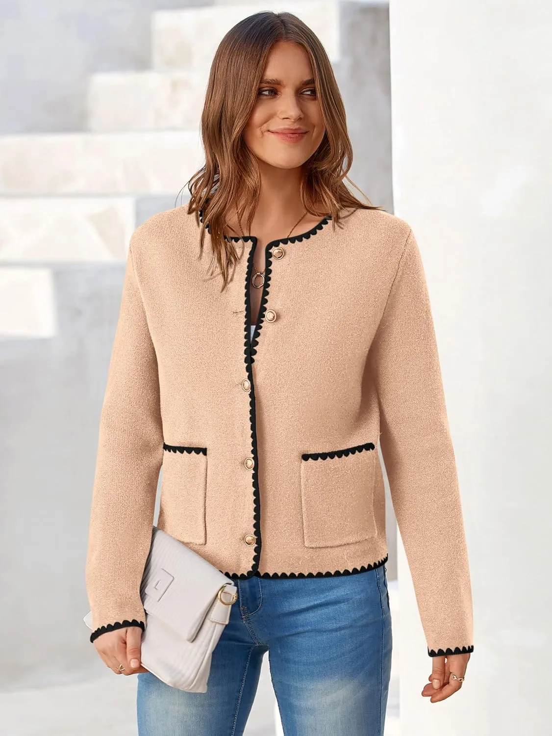 MASCOMODA Open Front Cropped Cardigan Sweaters for Women Fall Dressy Casual Long Sleeve Button Down Knit Tweed Jacket Outwear