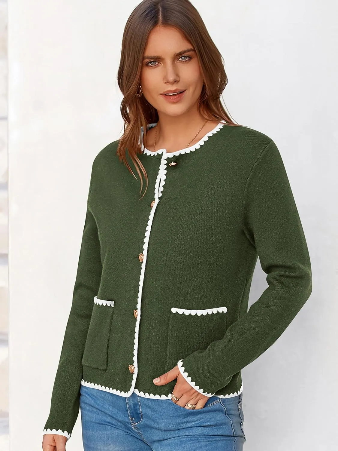 MASCOMODA Open Front Cropped Cardigan Sweaters for Women Fall Dressy Casual Long Sleeve Button Down Knit Tweed Jacket Outwear