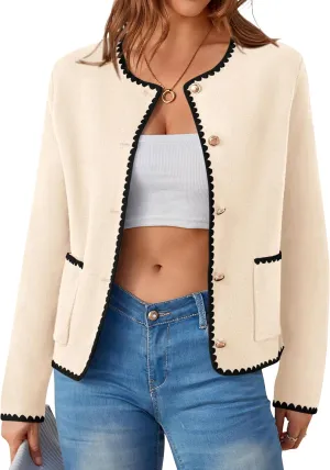 MASCOMODA Open Front Cropped Cardigan Sweaters for Women Fall Dressy Casual Long Sleeve Button Down Knit Tweed Jacket Outwear