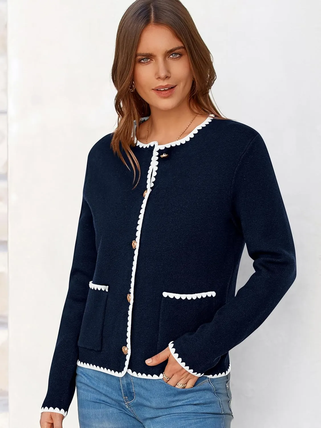 MASCOMODA Open Front Cropped Cardigan Sweaters for Women Fall Dressy Casual Long Sleeve Button Down Knit Tweed Jacket Outwear