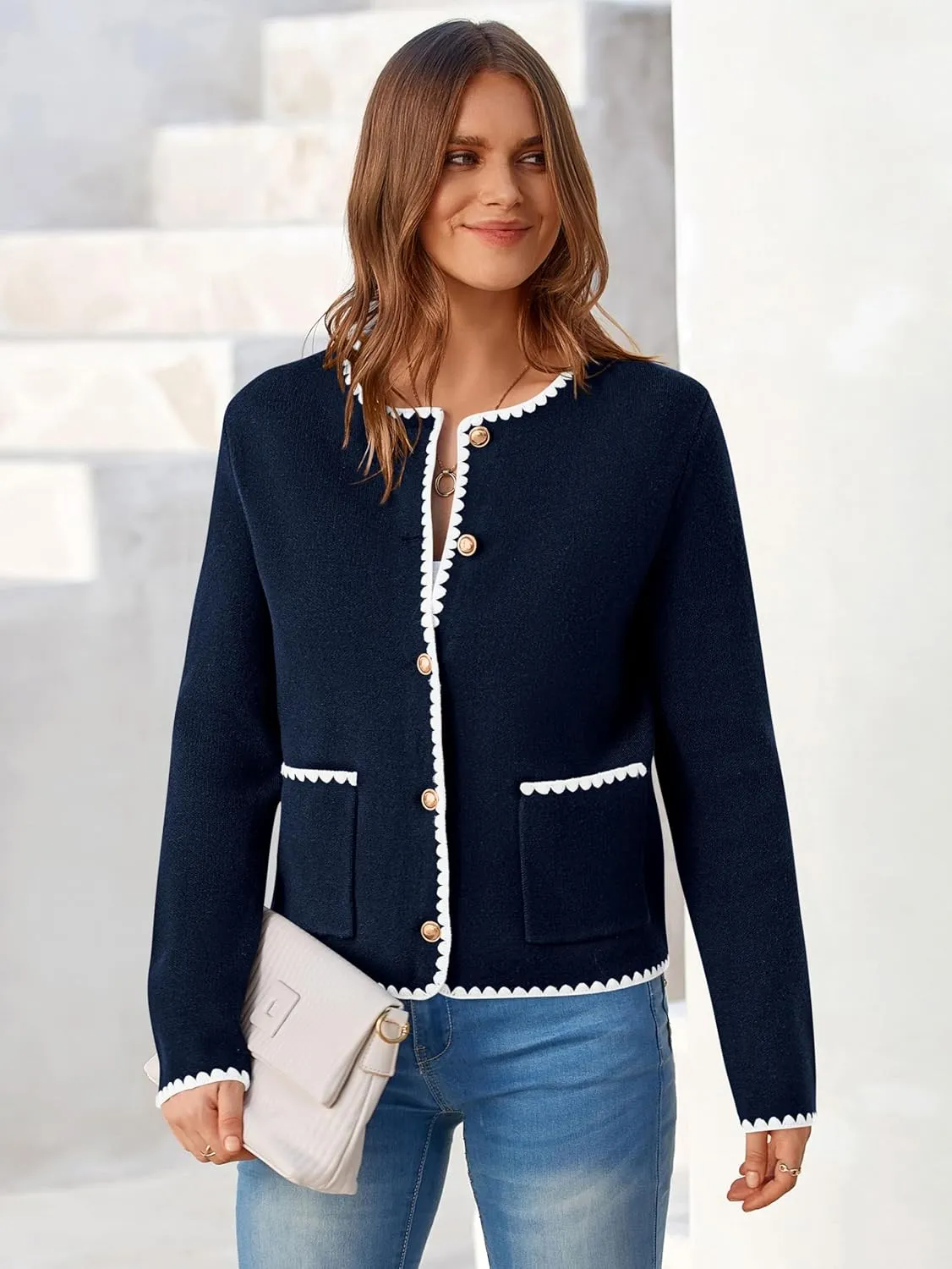 MASCOMODA Open Front Cropped Cardigan Sweaters for Women Fall Dressy Casual Long Sleeve Button Down Knit Tweed Jacket Outwear