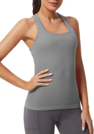 MathCat Workout Tank Tops for Women Athletic Basic Tanks Seamless Running Muscle Racerback Ribbed Yoga Tops with Built in Bra