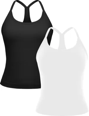 MathCat Workout Tank Tops for Women with Built in Bra, Sleeveless Gym Tops Seamless Racerback Athletic Yoga Shirts 2 Pack