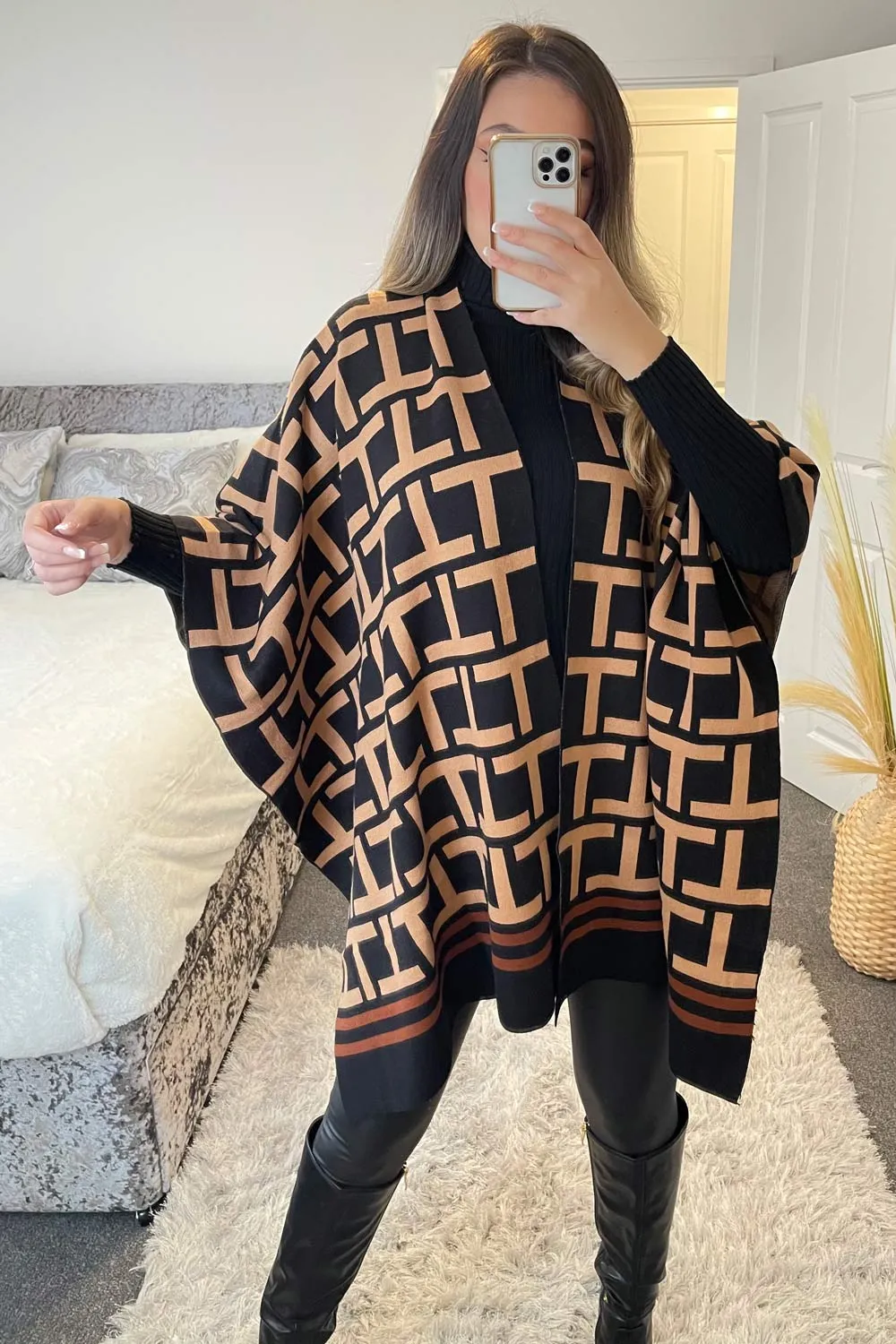 Meghan Black Repeat Print Open Cape