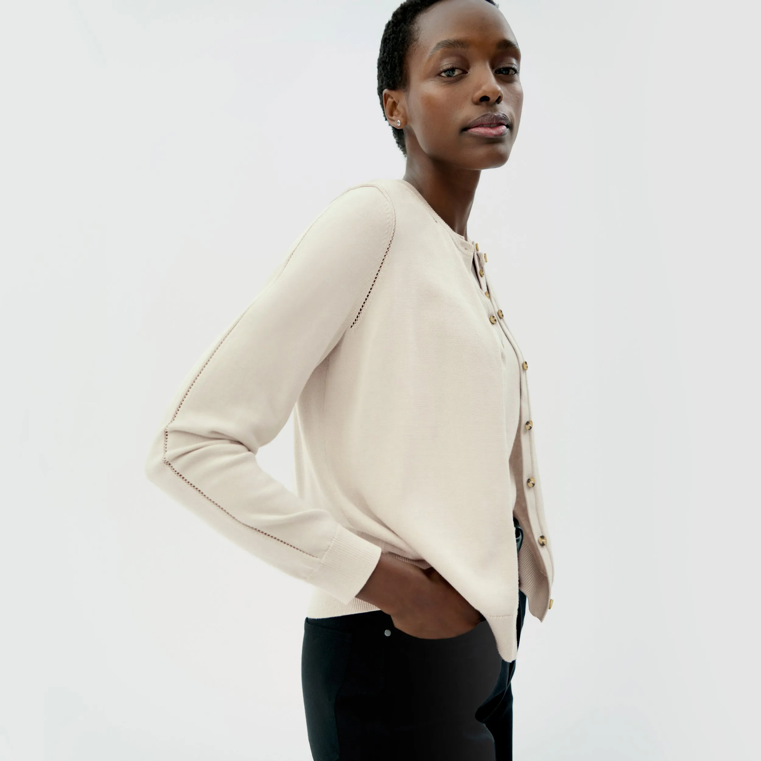 Mel Pointelle Cardigan - Cotton Silk Knit :: Ivory