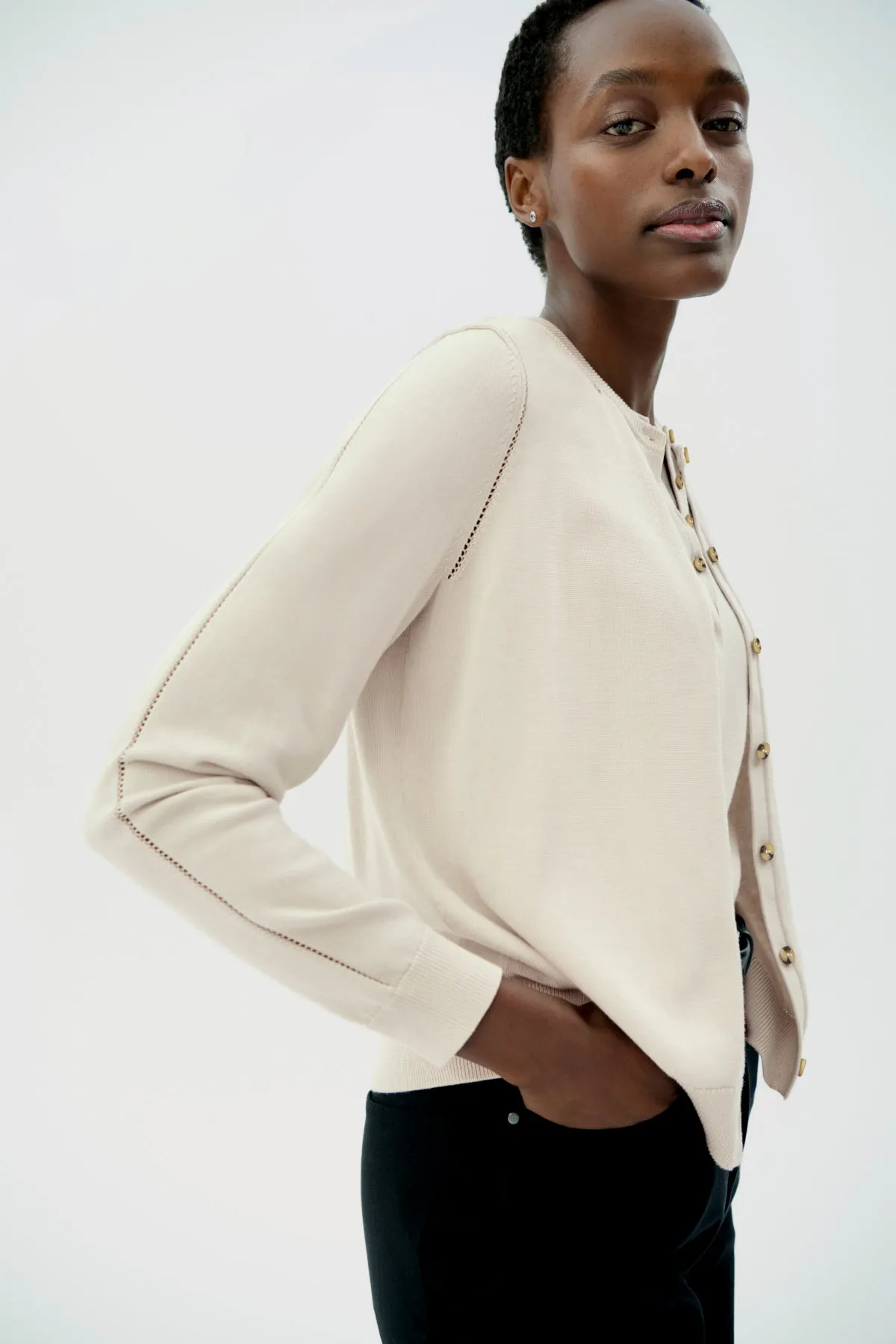 Mel Pointelle Cardigan - Cotton Silk Knit :: Ivory