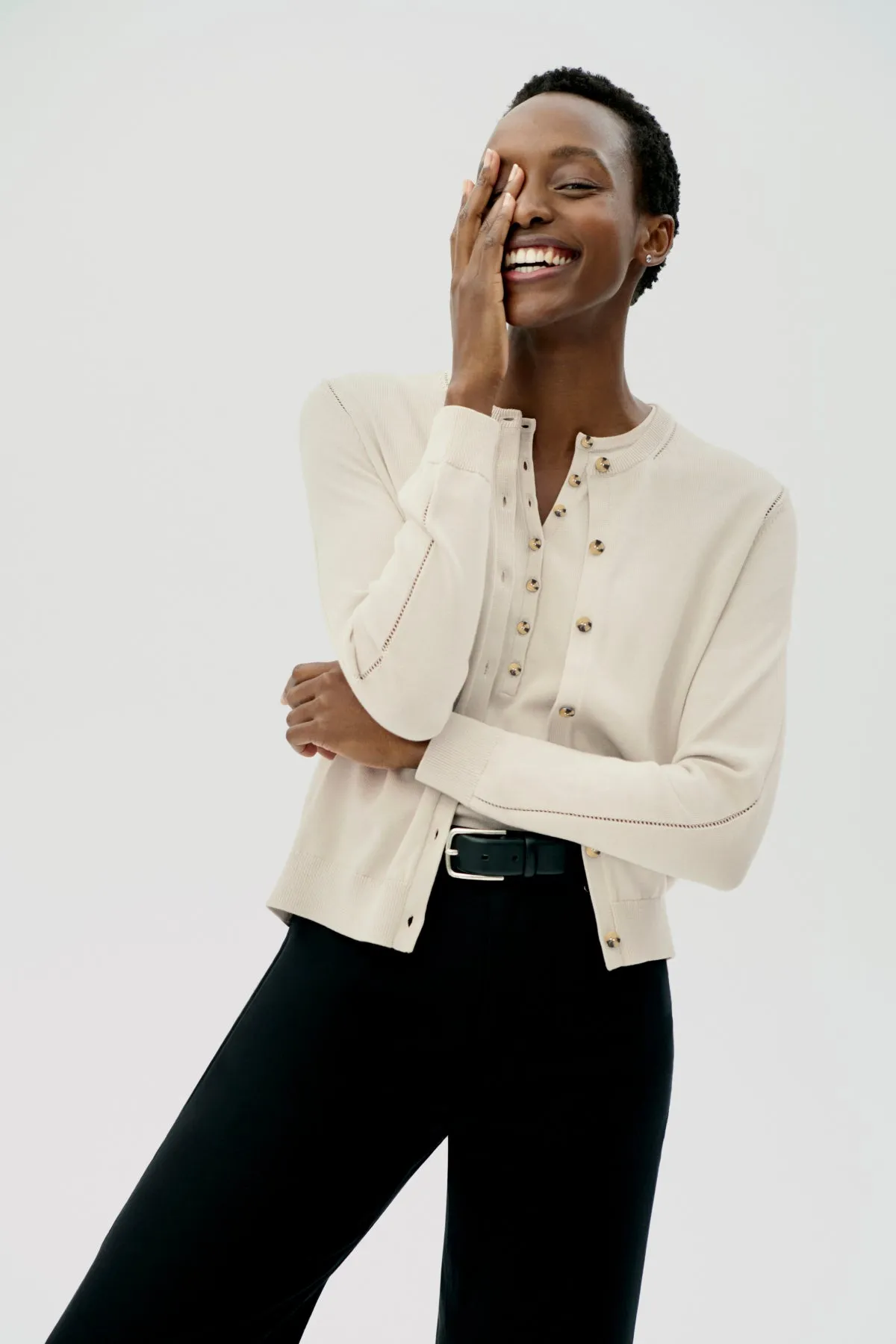 Mel Pointelle Cardigan - Cotton Silk Knit :: Ivory