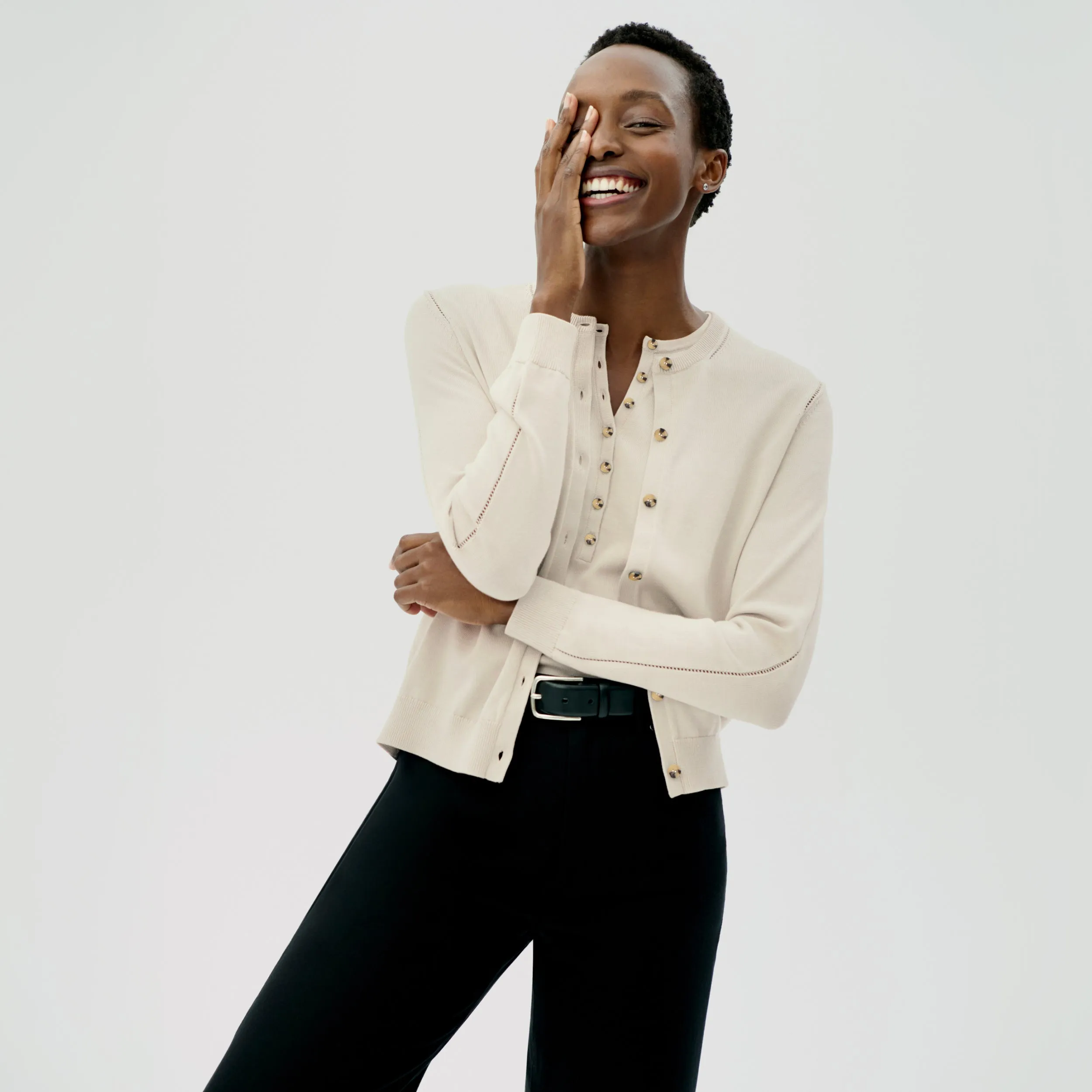 Mel Pointelle Cardigan - Cotton Silk Knit :: Ivory