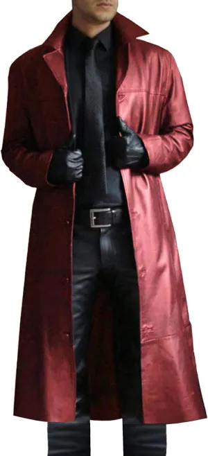 Men Faux Leather Trench Coat, Stylish Notch Stand Collar Detective Coat, Full Length Overcoat Solid Color Long Coat