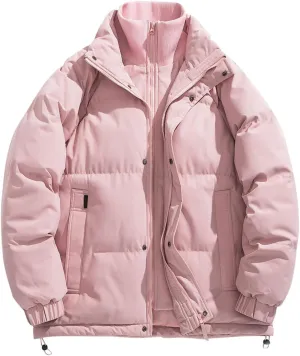 Men Heavy Down Coats Fashion Fake Two Piece Stand Collar Puffer Jackets Casual Loose Fit Cotton Padded Coat