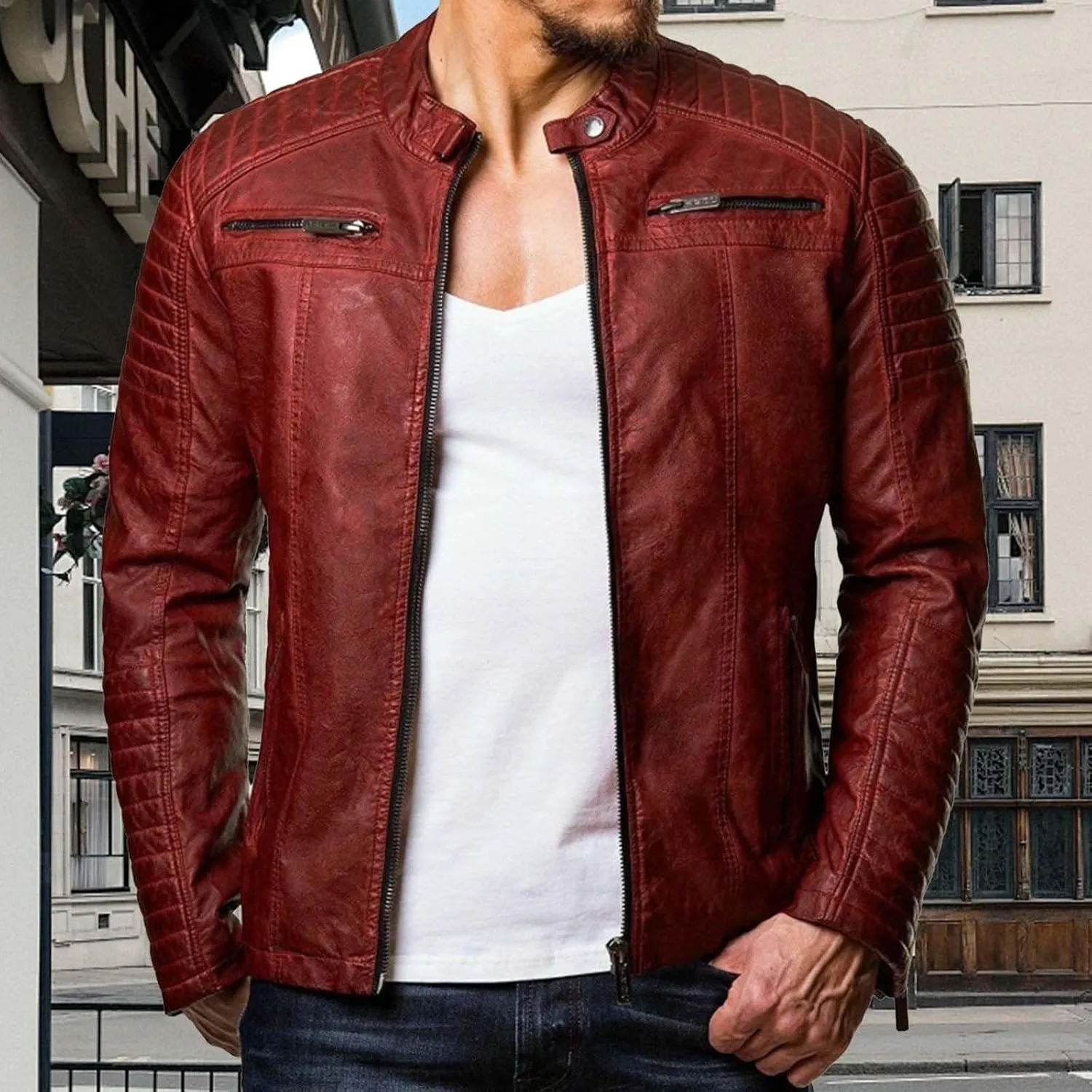 Men Leather Jacket Casual Solid Coat Simple Sports Zipper Coat Jacket Motorcycle Lightweight Faux Leather Outwear