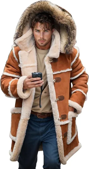 Men Shearling Coats with Hood Faux Suede Sherpa Lined Sheepskin Jackets Warm Winter Faux Leather Long Trench Coat