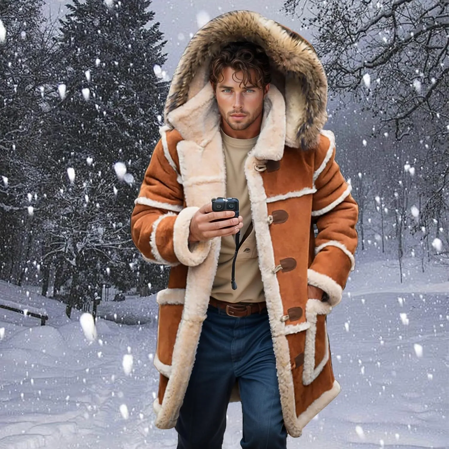 Men Shearling Coats with Hood Faux Suede Sherpa Lined Sheepskin Jackets Warm Winter Faux Leather Long Trench Coat