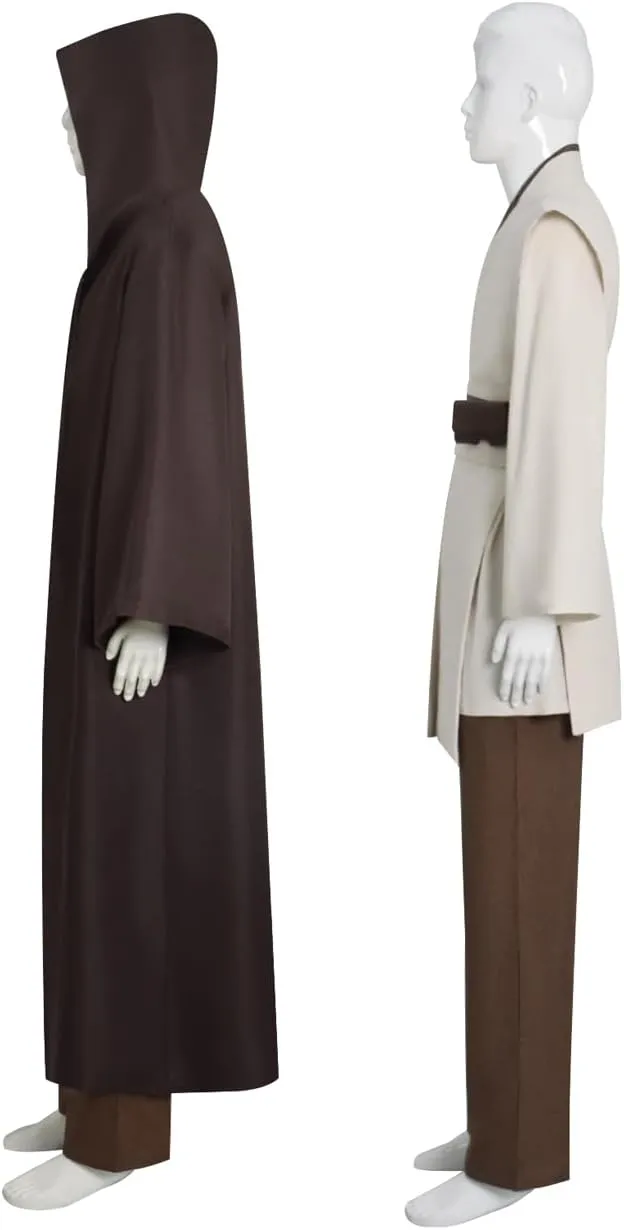 Mens Anakin Skywalker Cosplay Costume Jedi White Tunic Hooded Cloak Robe Knight Uniform Suit Halloween Outfit