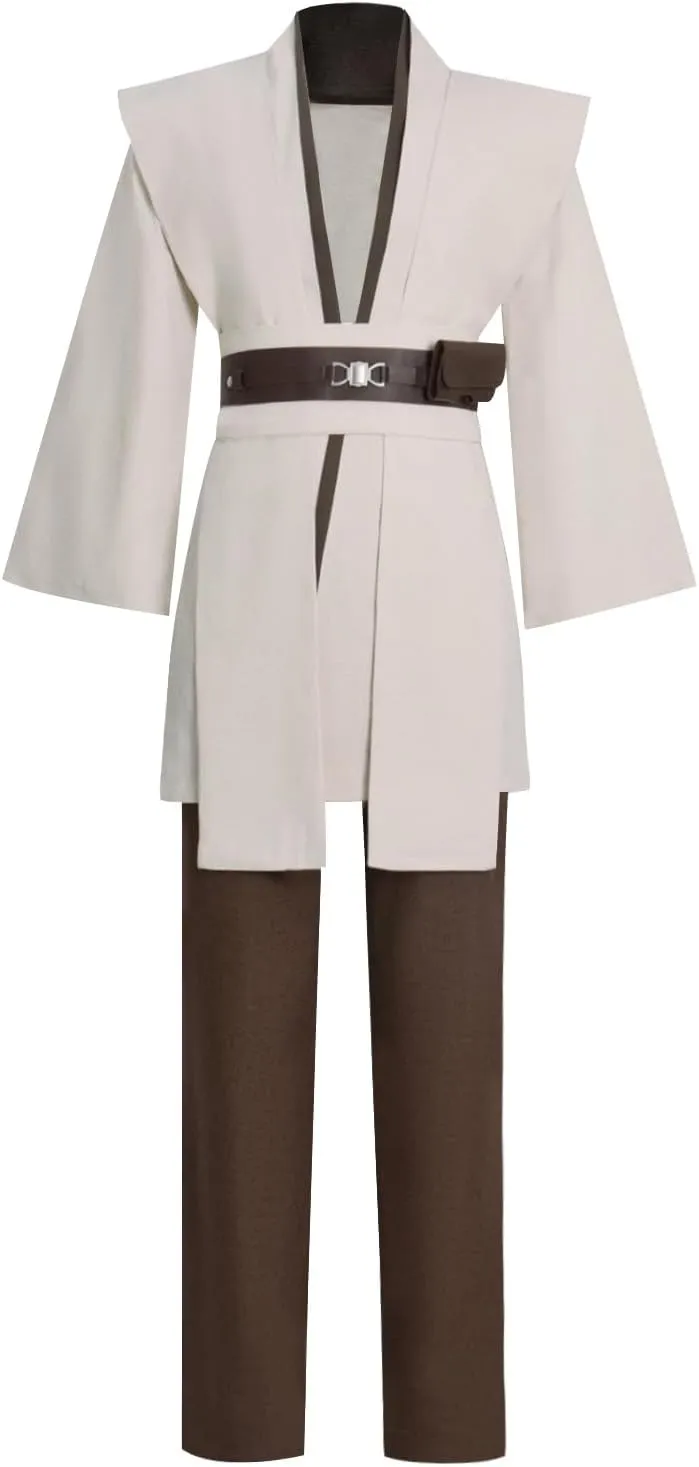 Mens Anakin Skywalker Cosplay Costume Jedi White Tunic Hooded Cloak Robe Knight Uniform Suit Halloween Outfit