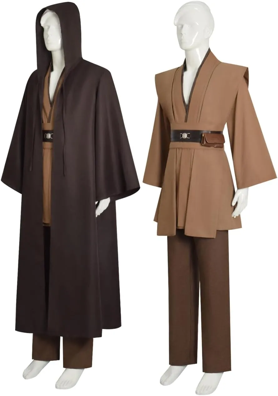 Mens Anakin Skywalker Costume Knight Brown Tunic Cape Hooded Cloak Robe Jedi Uniform Suit Halloween Cosplay Outfit