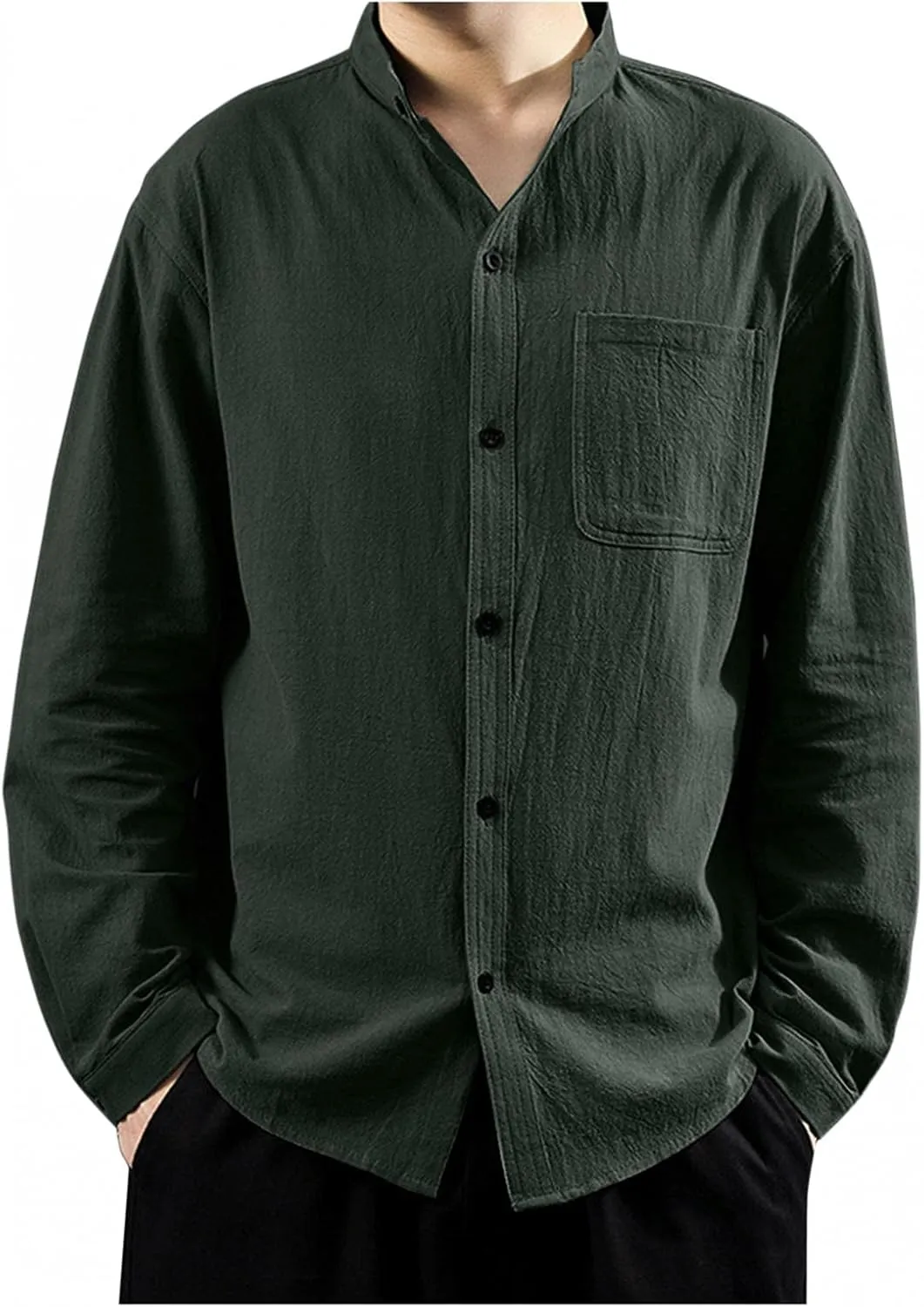 Mens Baggy Long Sleeve Cotton Linen Shirts Big and Tall Stand Collar Button Down Hippie Lounge Tops M-5XL