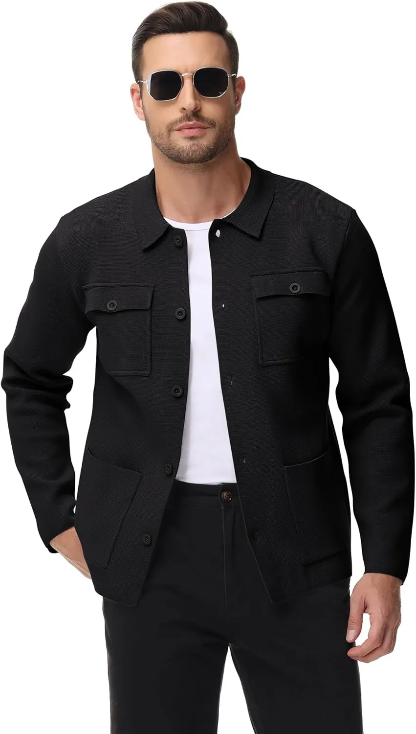 Men's Cardigan Sweater Casual Chunky Knit Multi-Pocket Lapel Collar Button Down Long Sleeve Sweater Fall Winter 2024